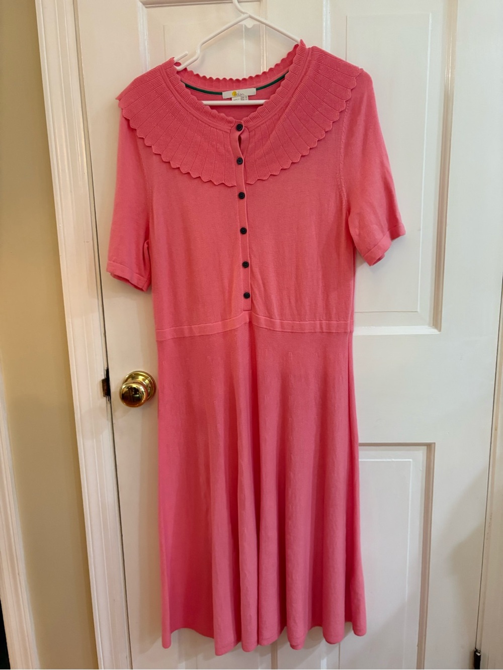 Boden Coral-Pink Short Sleeve Midi Dress with Scalloped Collar
